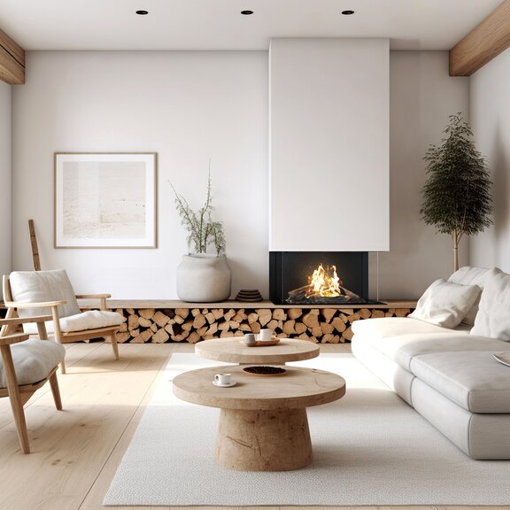 VISIO 100 gas fireplace insert with glass on three sides in a cozy living room