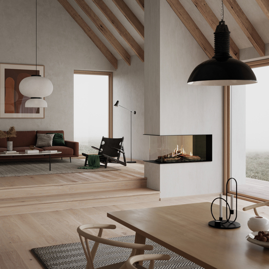 VISIO 100 gas fireplace insert as room divider with black steel frame, between living room and dining room