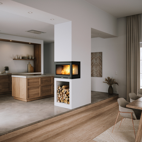 Wood fireplace insert R-500 three sided, installed between kitchen and dining room
