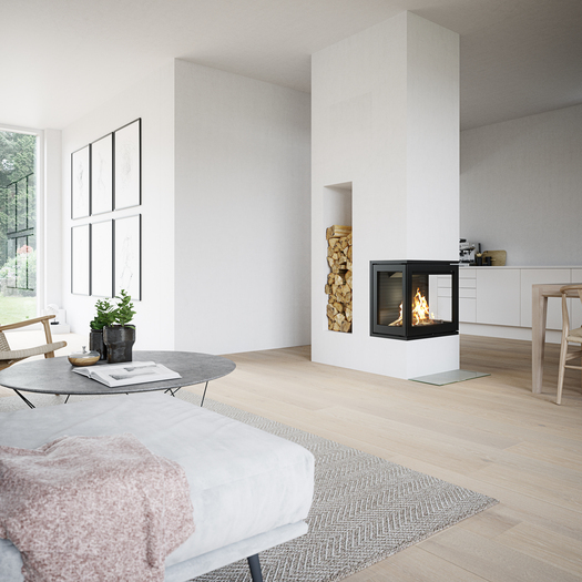Wood fireplace insert R-600 three-sided in a bright, open-plan living room