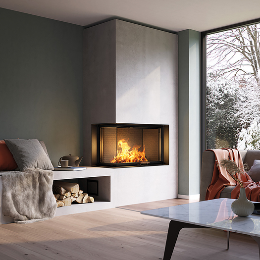 Wood fireplace insert VISIO 2 L with a cosy side bench in the living room in the winter atmosphere