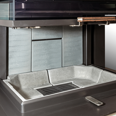 Design firebox lining from VISIO 3 ELEMENT with wooden door handle, open lifting door without fire