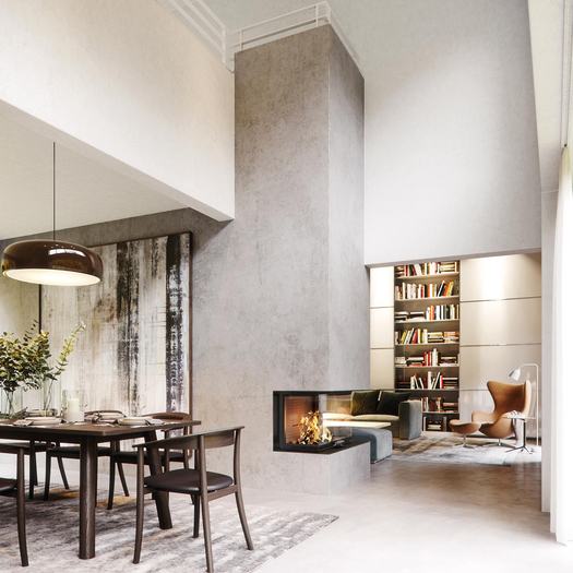 Wood fireplace VISIO 3 L is in the right place at the centre of the room thanks to its generous firebox and 3-sided view of the flames