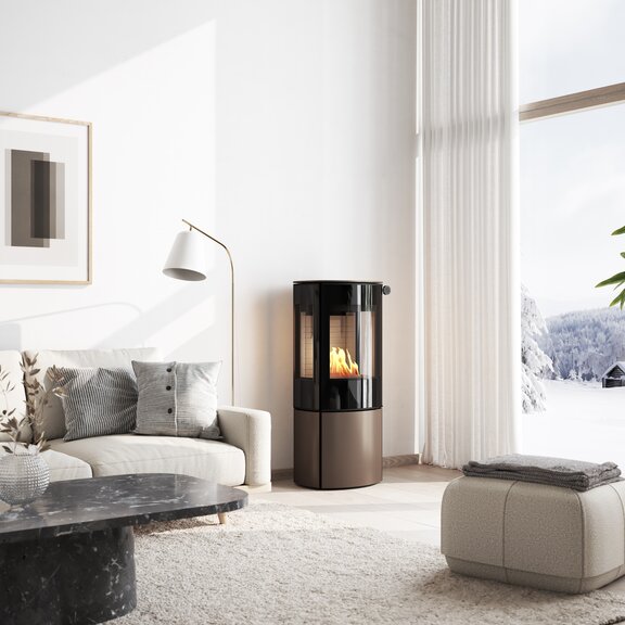 CARO 110 BIO bioethanol stove in mocha colour in a winter living room