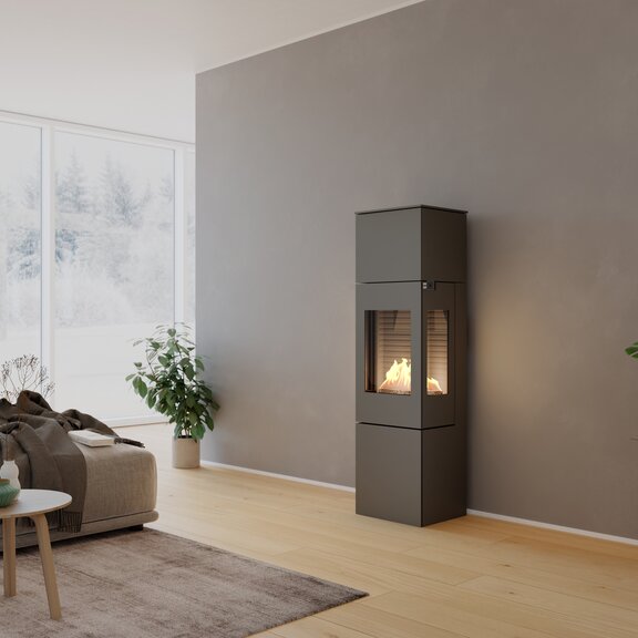 NEXO 160 BIO bioethanol stove in platinum in a cosy living room