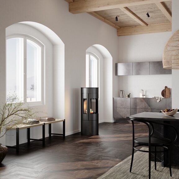 VIVA 120 L BIO bioethanol stove in black in the living room with kitchen