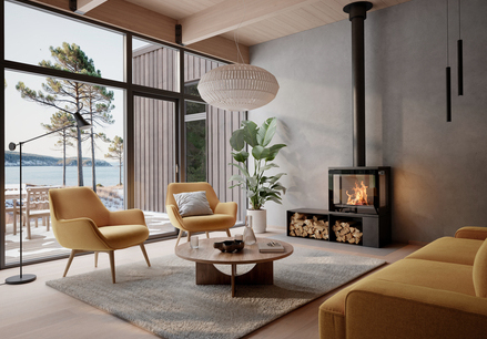 Wood stove 600 ART in a modern living room with yellow furniture and large windows