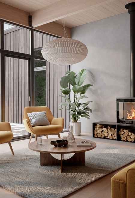 Wood stove 600 ART in a modern living room with yellow furniture and large windows
