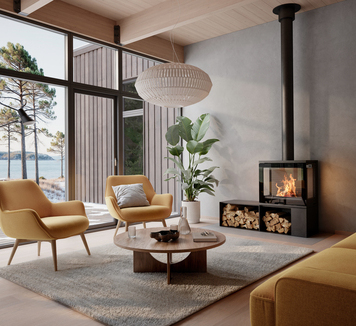Wood stove 600 ART in a modern living room with yellow furniture and large windows