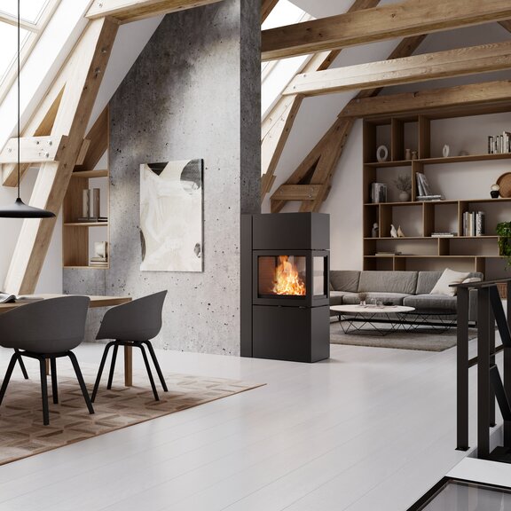 Room divider 600 RD in black with inlaid top plate in the living and dining room