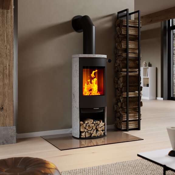Wood stove CARO 120 with steel door in black and soapstone cladding