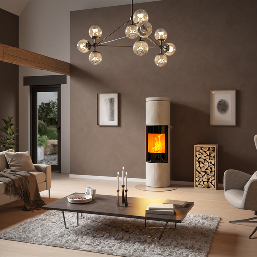 JUNO 166 L with natural stone Porto cladding and glass door Wood stove JUNO 166 L with natural stone Porto cladding and glass door in a large living room in earthy colours