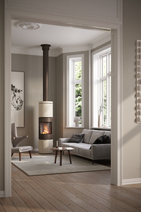 JUNO 166 L with natural stone Porto cladding and steel door in the colour mocha in a modern living room with large window fronts