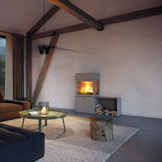 MAX 600/130 in nickel with two side windows and side bench Wood stove MAX 600/130 in nickel with two side windows and side bench in an elegant living room in brown tones
