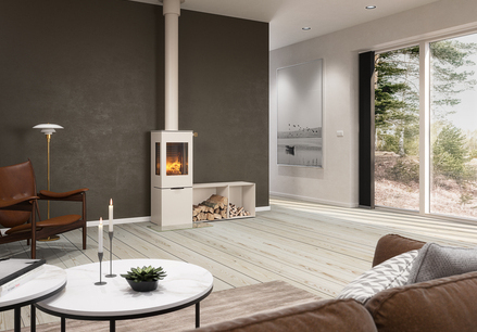 Wood stove NEXO 120 in the colour sand with steel door and side windows as well as side benches in front of a brown wall