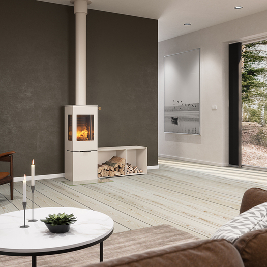 NEXO 120 in the colour sand Wood stove NEXO 120 in the colour sand with steel door and side windows as well as side benches in front of a brown wall