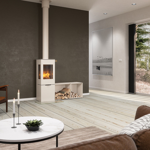 Wood stove NEXO 120 in the colour sand with steel door and side windows as well as side benches in front of a brown wall