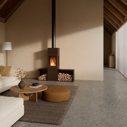 NEXO 140 wood-burning stove in the colour mocha in a simple and bright living room
