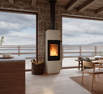 NEXO 160 Porto wood stove in black in the living room with a stone wall