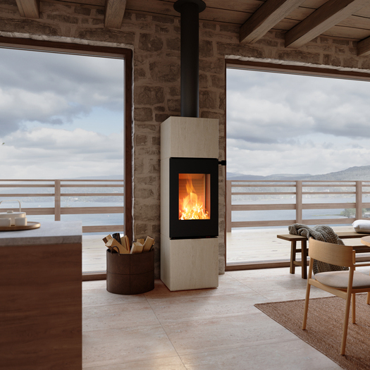 NEXO 160 Porto wood stove in black in the living room with a stone wall