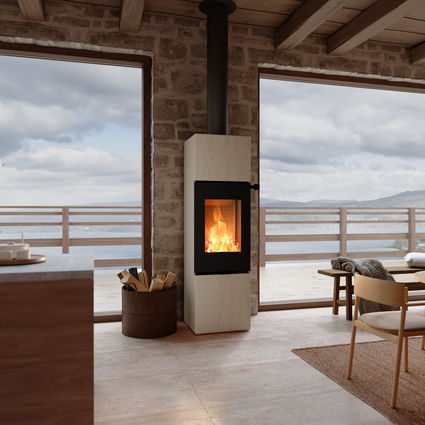 NEXO 160 Porto wood stove in black in the living room with a stone wall