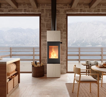 NEXO 160 Porto wood stove in black in the living room with stone wall and windows