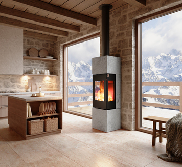 NEXO 160 Soapstone wood stove in black in a living room with mountains