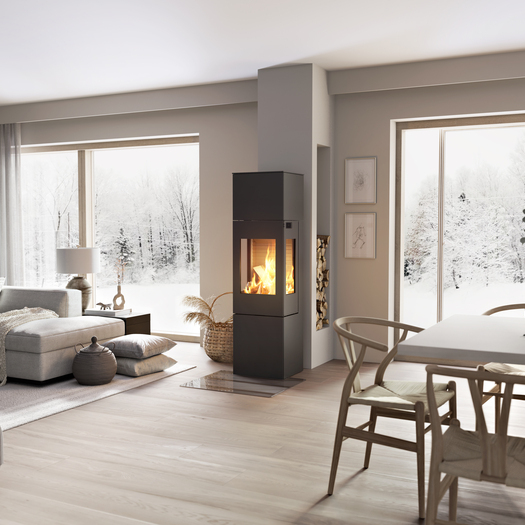 Wood stove NEXO 160 in black with steel door and side window in the centre of the living room between the dining area and living room