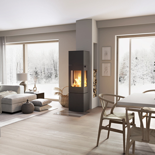 Wood stove NEXO 160 in black with steel door and side window in the centre of the living room between the dining area and living room