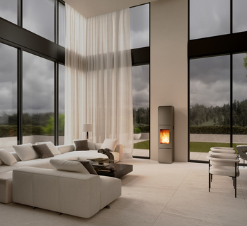 OPAL wood stove in platinum in a luxurious living room
