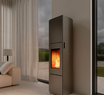 OPAL wood stove in platinum in a modern living room