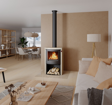 Q-TEE 2 C Porto wood stove with calf leather brown handle in a bright living room with brown tones and autumn colours