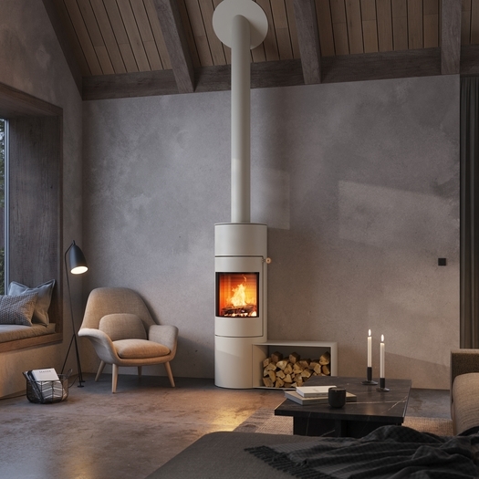 Wood stove VIVA 140 L in the colour sand with side bench in a modern flat in earth tones