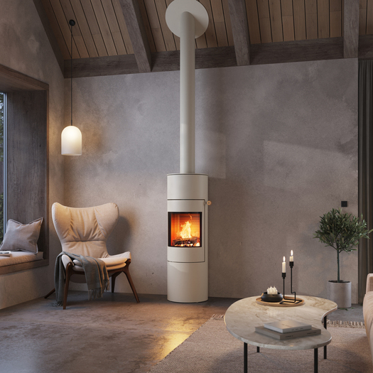 Wood stove VIVA 140 L in the colour sand with steel door in a modern flat in earth tones