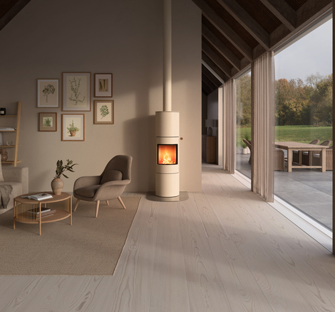 VIVA 160 L wood stove in sand colour with steel door and oak nature handle in a bright living room