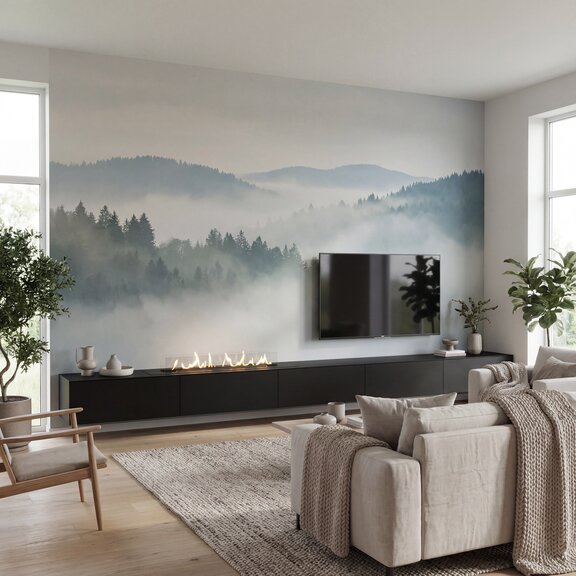 Denver F2 bioethanol burner in the living room black sideboard in front of the wall with forest picture