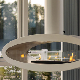 Ellipse Ceiling Bioethanol fireplace in white, viewed from the window