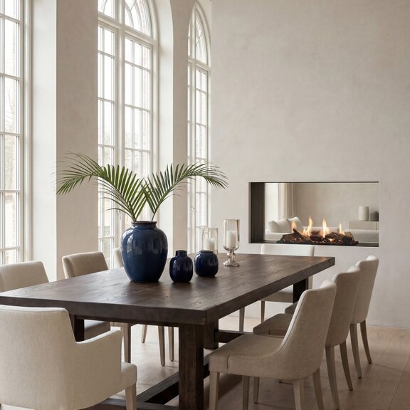 Logicwood Linear Bioethanol fireplace, designed as a tunnel, set into a beige wall in the dining room, with a long wooden table and beige chairs