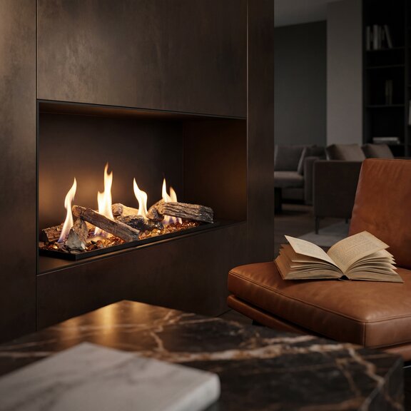 Logicwood Linear Bioethanol fireplace, built into a black wall, with a brown leather armchair and a marble table