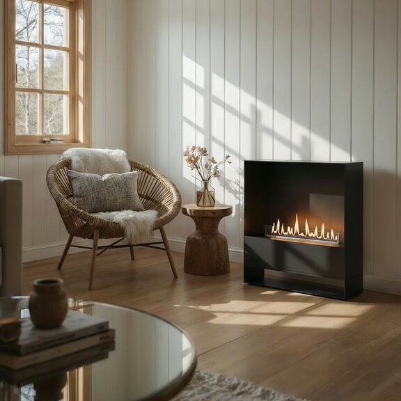 Milan freestanding bioethanol fireplace with black front panel and open base unit