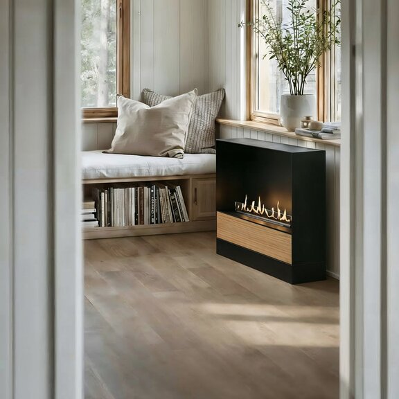 Milan freestanding bioethanol fireplace with wooden front panel and closed base unit