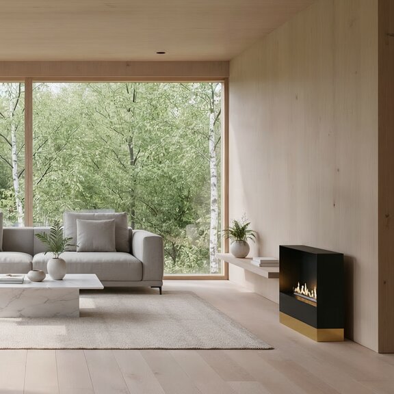 Milan freestanding bioethanol fireplace with black front panel and closed base unit in gold