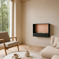 Milan bioethanol fireplace mounted on the wall with black front panel and copper back panel
