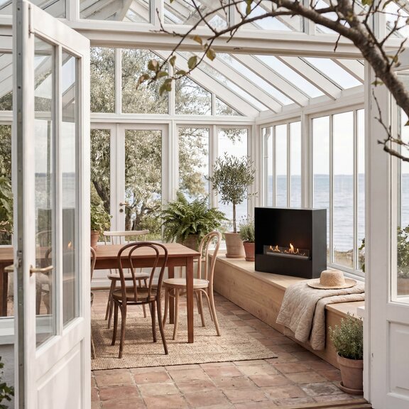 Bioethanol fireplace Milan with a black front panel, freestanding in a conservatory on a window sill overlooking the sea