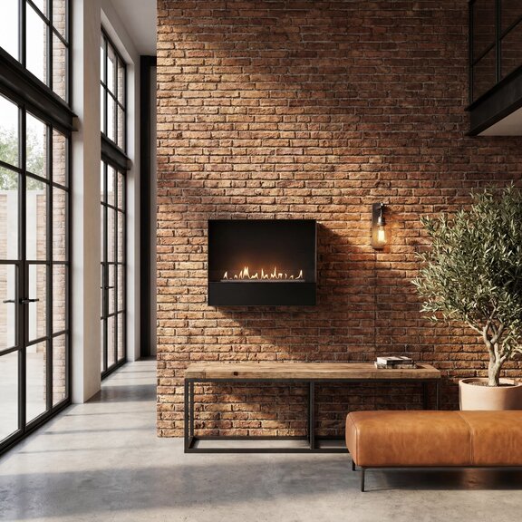 Bioethanol fireplace Milan with a black front panel, wall-mounted on a stone wall in an urban loft