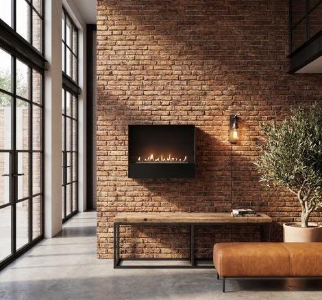 Bioethanol fireplace Milan with a black front panel, wall-mounted on a stone wall in an urban loft