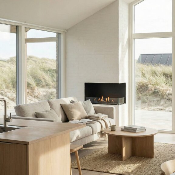 Montreal, 2-sided installation to the right within a white stone wall in a modern living room by the beach, with a brown wooden kitchen and a light-coloured sofa