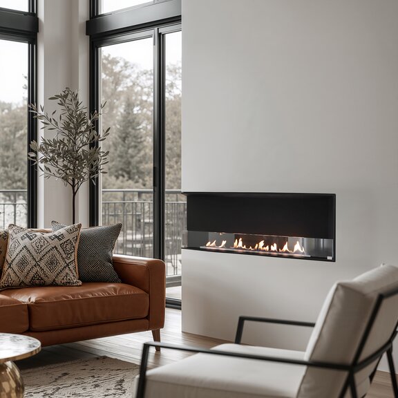 Montreal, 2-sided on both sides to the left with white panelling in the living room, featuring a brown leather sofa and a modern armchair