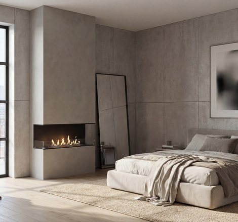Montreal, 3-sided and fitted in a large, modern bedroom with a concrete wall and wooden floor