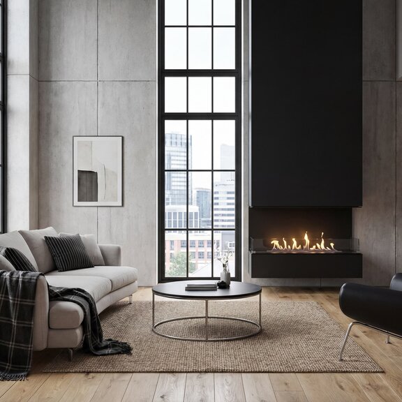 Montreal, 3-sided in an industrial-style living room, with black panelling, a large grey sofa and an armchair